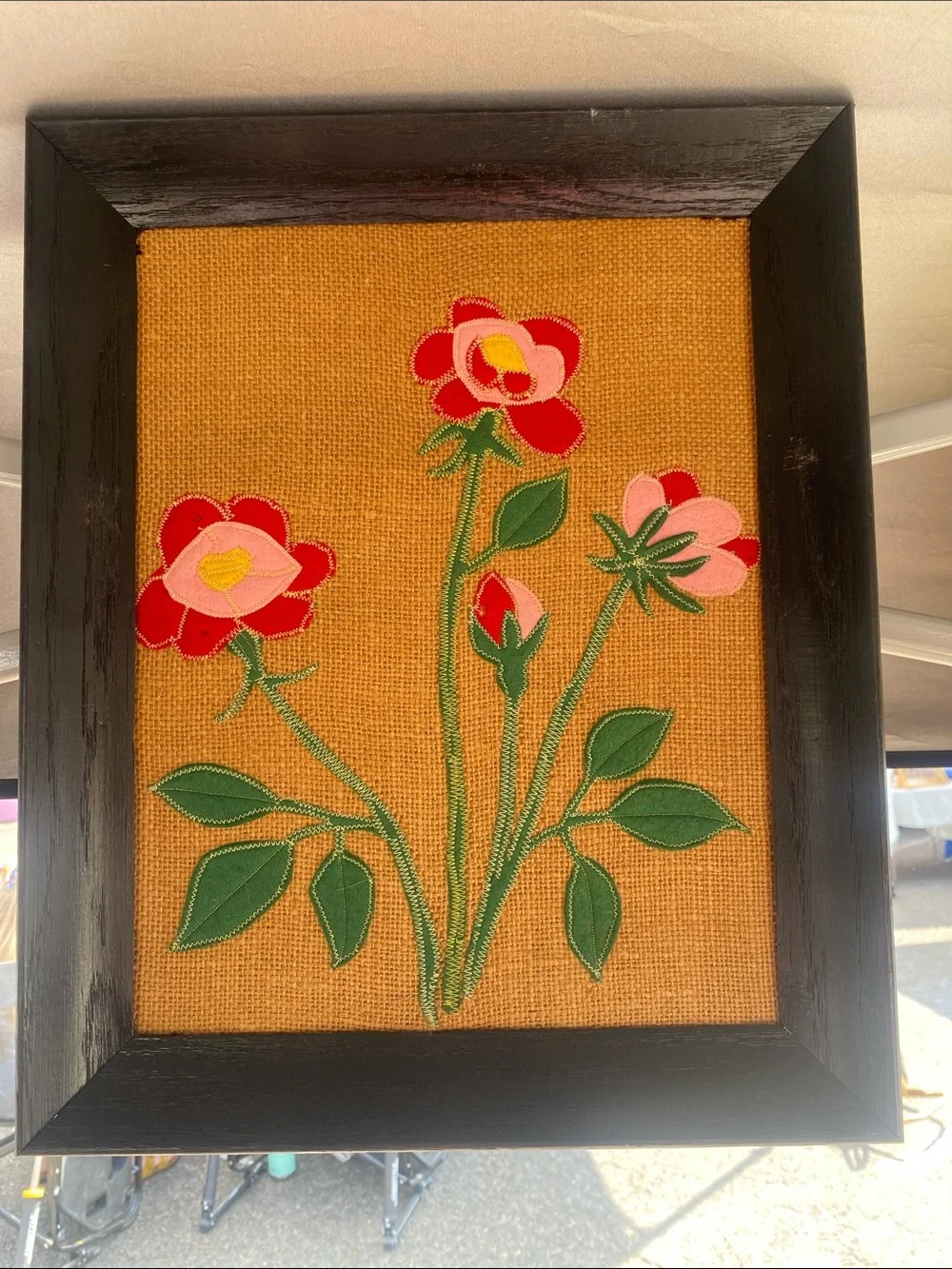 Embroidered Red & Pink Floral Fiber Art
